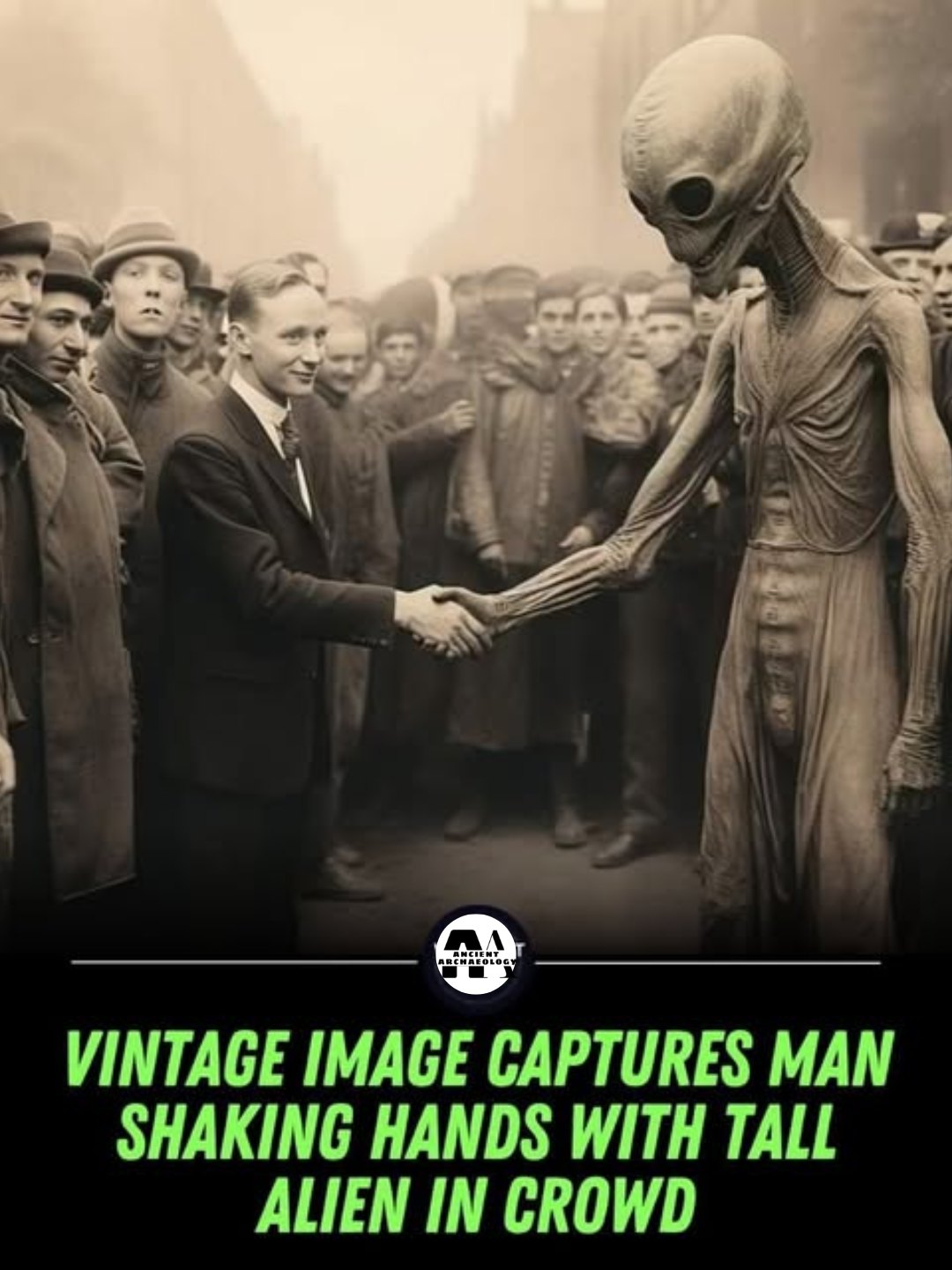 Có thể là hình ảnh về văn bản cho biết 'GUSTIOs VINTAGE IMAGE CAPTURES MAN SHAKING HANDS WITH TALL ALIEN IN CROWD'