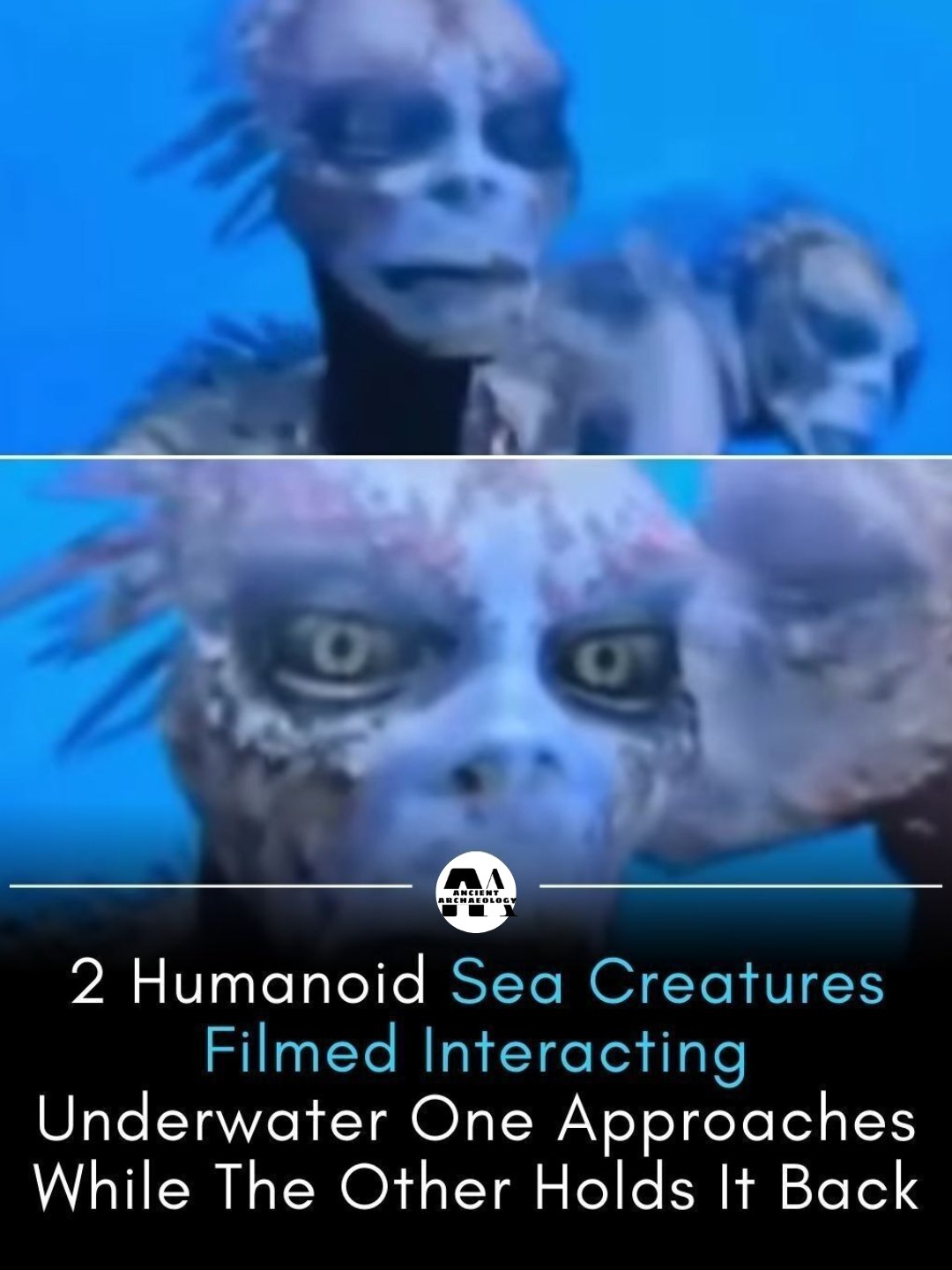 Có thể là hình ảnh về văn bản cho biết 'CCA. 2 Humanoid Sea Creatures Filmed Interacting Underwater One Approaches While The Other Holds It Back'