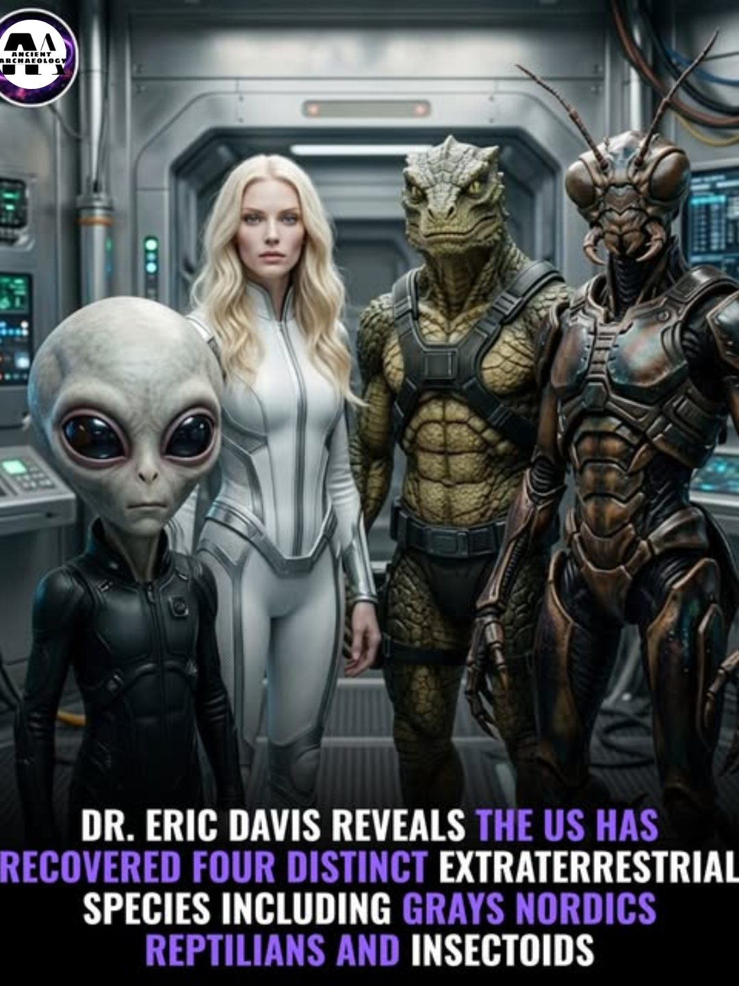 Có thể là hình ảnh về văn bản cho biết 'Crn DR. ERIC DAVIS REVEALS TH US HAS RECOVERED FOUR DISTINCT EXTRATERRESTRIAL SPECIES INCLUDING GRAYS NORDICS REPTILIANS AND INSECTOIDS'