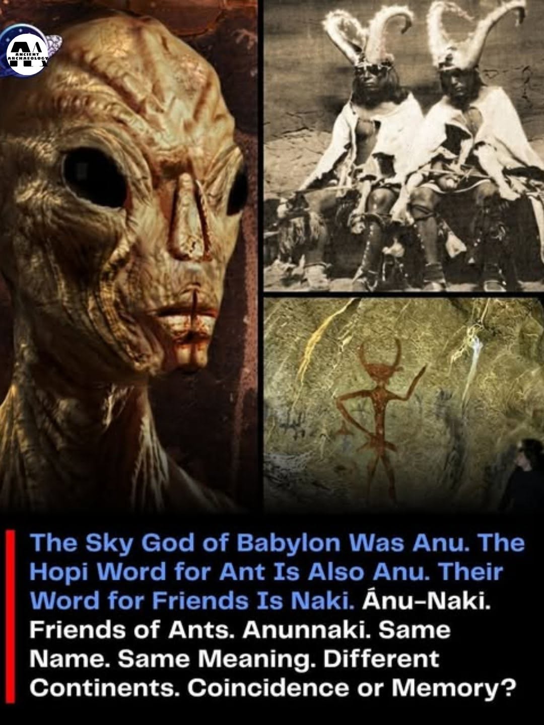 Có thể là hình ảnh về văn bản cho biết '. HA The Sky God of Babylon Was Anu. The Hopi Word for Ant Is Also Anu. Their Word for for Friends Is Naki. Ánu-Naki. Ánu- Friends of Ants. Anunnaki. Same Name Same Meaning. Different Continents. Coincidence or Memory?'
