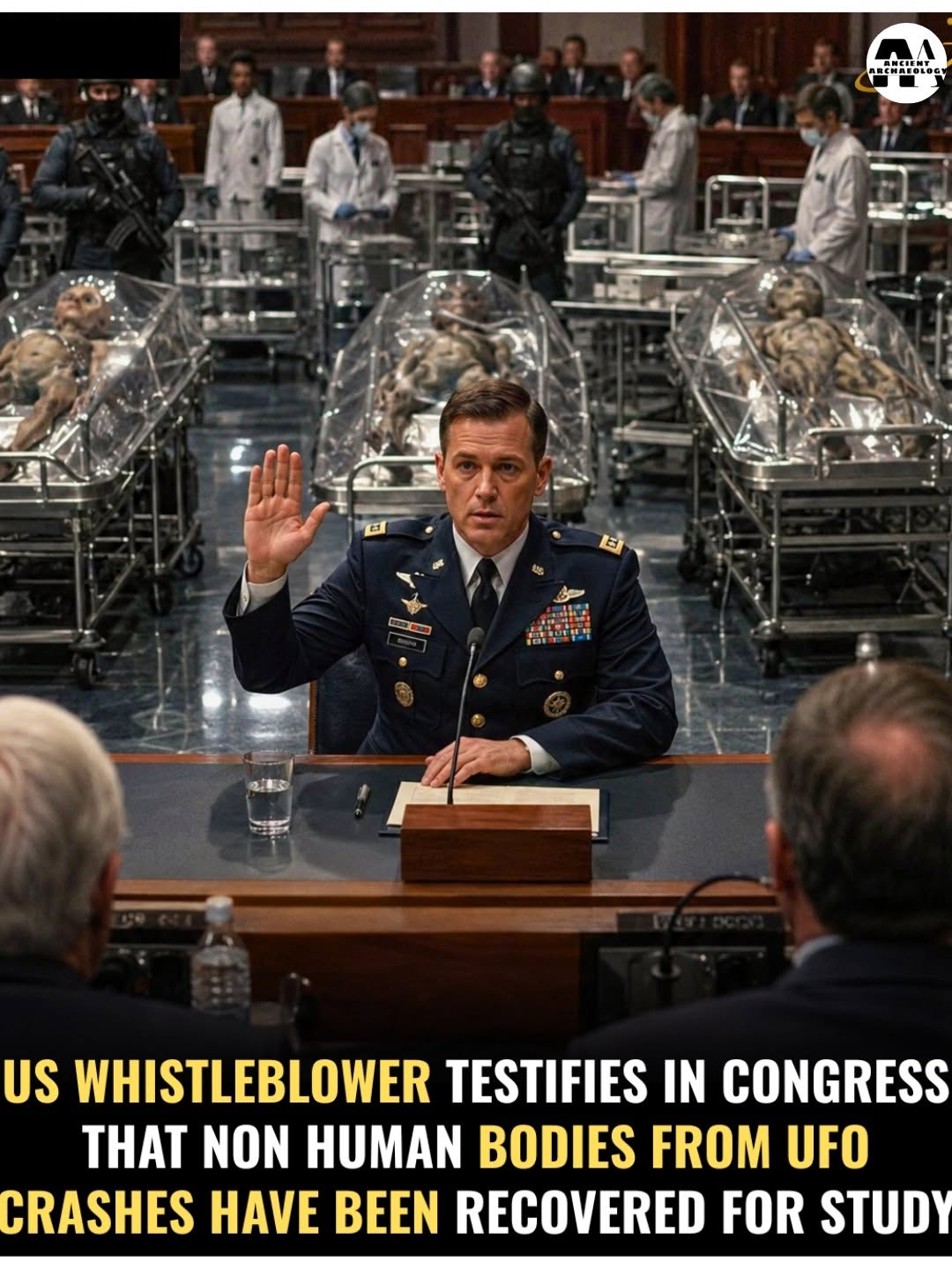 Có thể là hình ảnh về văn bản cho biết 'Αηαα. Achr REOL E 터 ぬ車法 US WHISTLEBLOWER TESTIFIES IN CONGRESS THAT NON HUMAN BODIES FROM UFO CRASHES HAVE BEEN RECOVERED FOR STUDY'