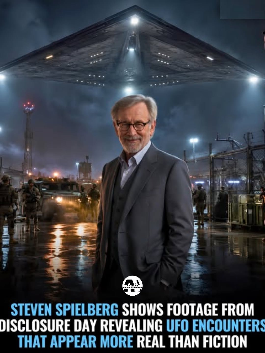 Có thể là hình ảnh về văn bản cho biết 'IN IAC AacTbиT STEVEN SPIELBERG SHOWS FOOTAGE FROM DISCLOSURE DAY REVEALING UFO ENCOUNTER APPEAR MORE REAL THAN FICTION'