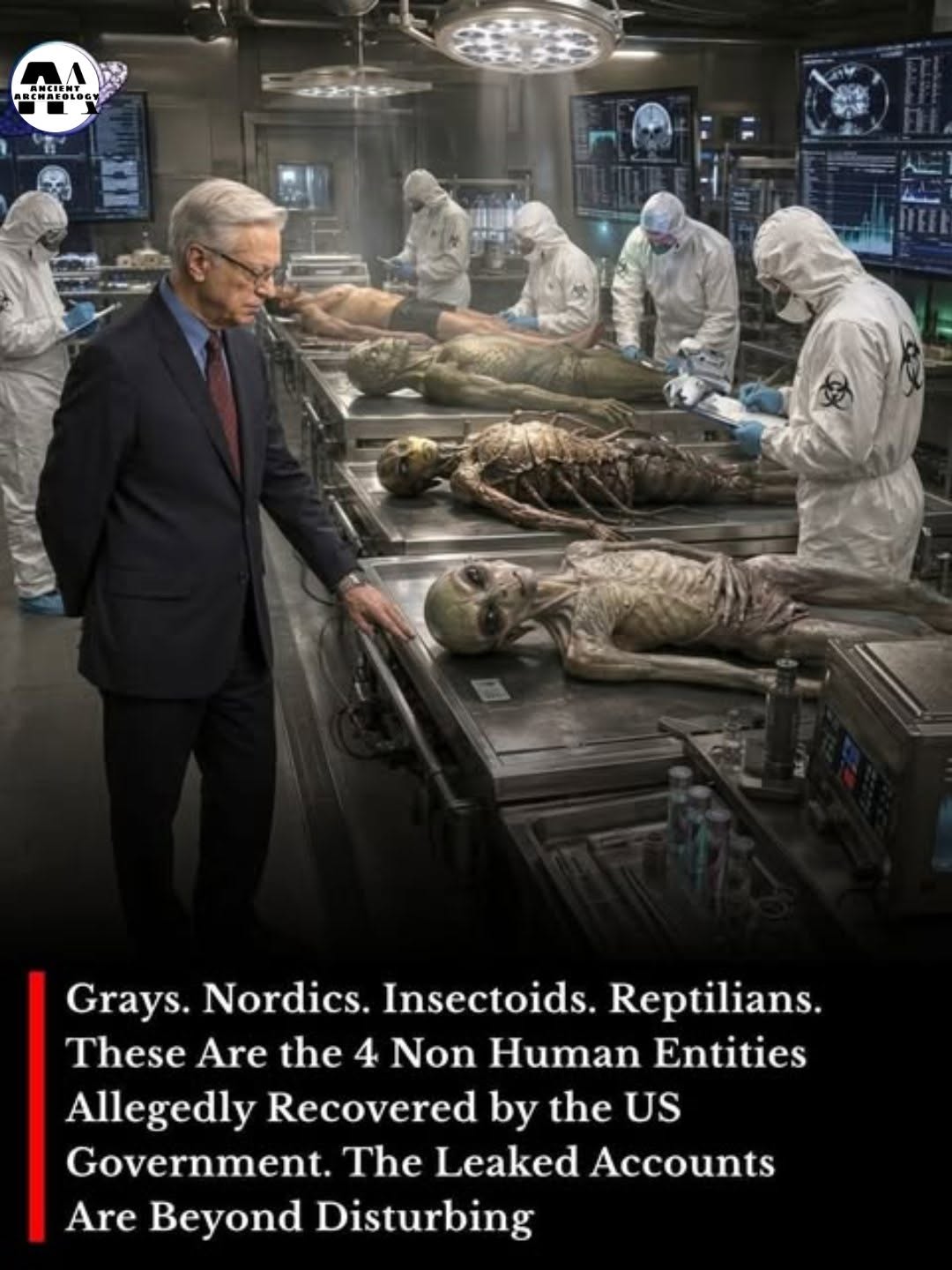 Có thể là hình ảnh về văn bản cho biết 'A MA A ARCWACOLOGY 04O 7网 Nordics Grays. Insectoids. Reptilians. These Are the 4 on Human Enтιтies Allegedly Recovered by the US Government. The Leaked Accounts Are Beyond Disturbing'