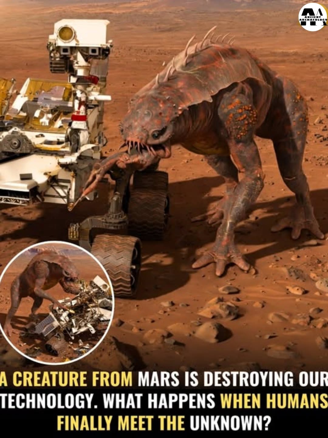 Có thể là hình ảnh về văn bản cho biết 'Ae 量2O16 R AИcEHT A CREATURE FROM MARS IS DESTROYING OUR TECHNOLOGY. WHAT HAPPENS WHEN HUMANS FINALLY MEET THE UNKNOWN?'