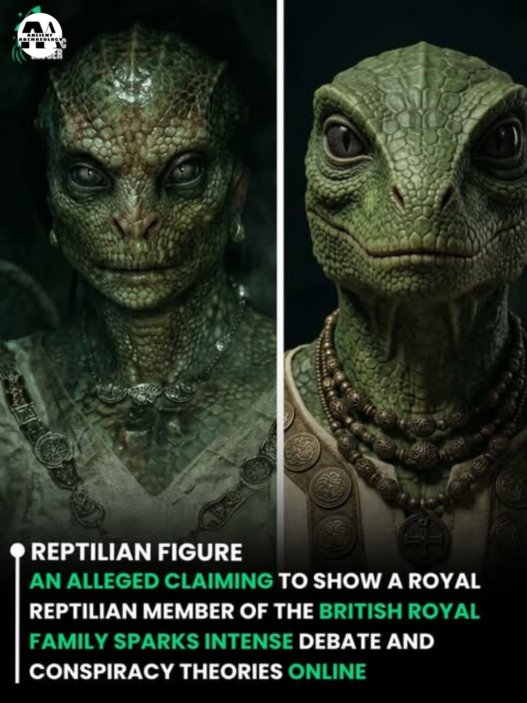 Có thể là hình ảnh về văn bản cho biết 'AA AMEHAFOLOGIO හට REPTILIANFIGU REPTILIAN FIGUR: AN ALLEGED CLAIMING To SHOW A ROYAL REPTILIAN MEMBER OF THE BRITISH ROYAL FAMILY SPARKS INTENSE DEBATE AND CONSPIRACY THEORIES ONLINE'