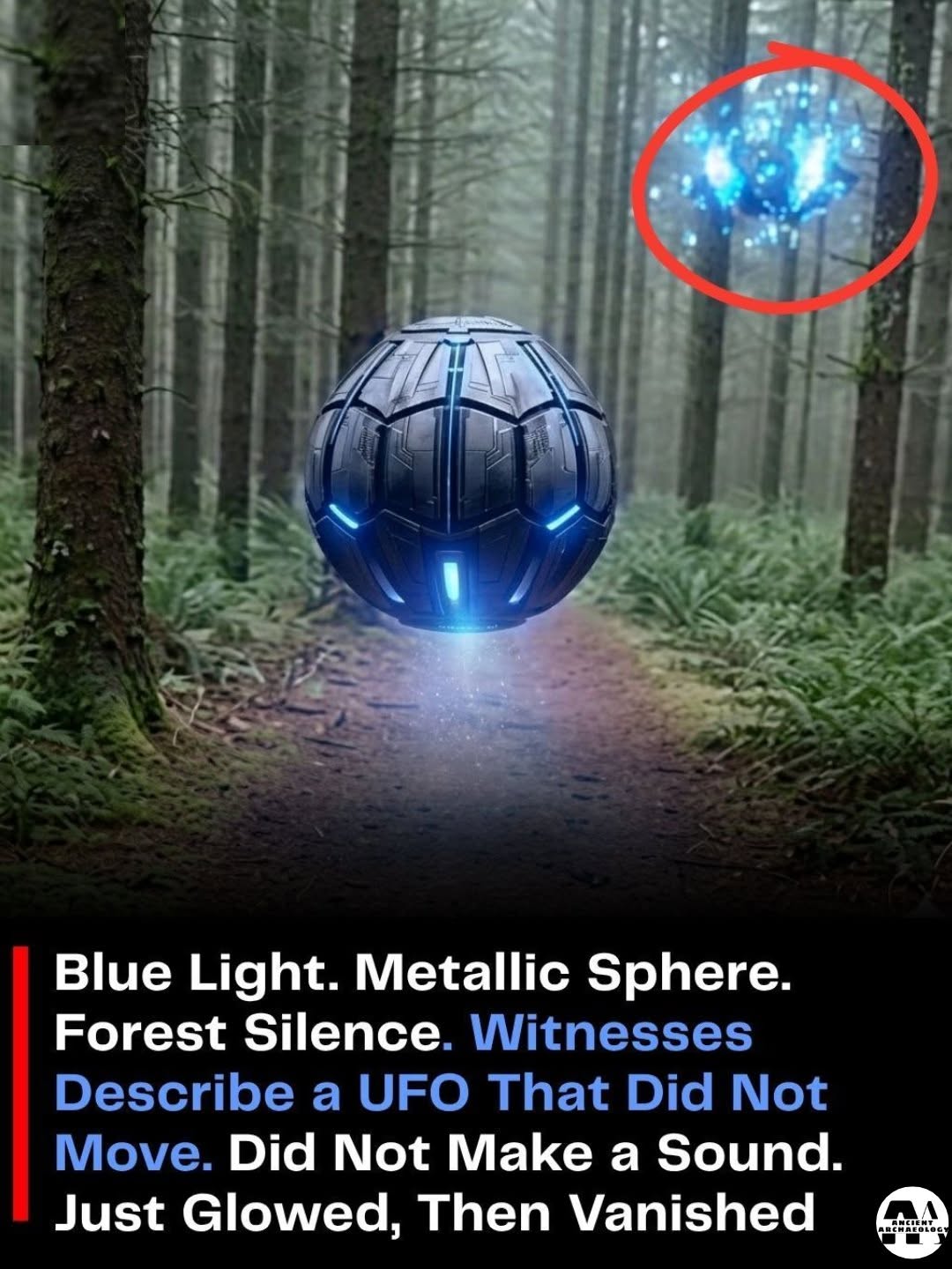 Có thể là hình ảnh về văn bản cho biết 'p Blue Light. Metallic Sphere. Forest Silence. Witnesses Describe a UFO That Did Not Move. Did Not Make a Sound. Just Glowed, Then Vanished PREMAEOIOG'