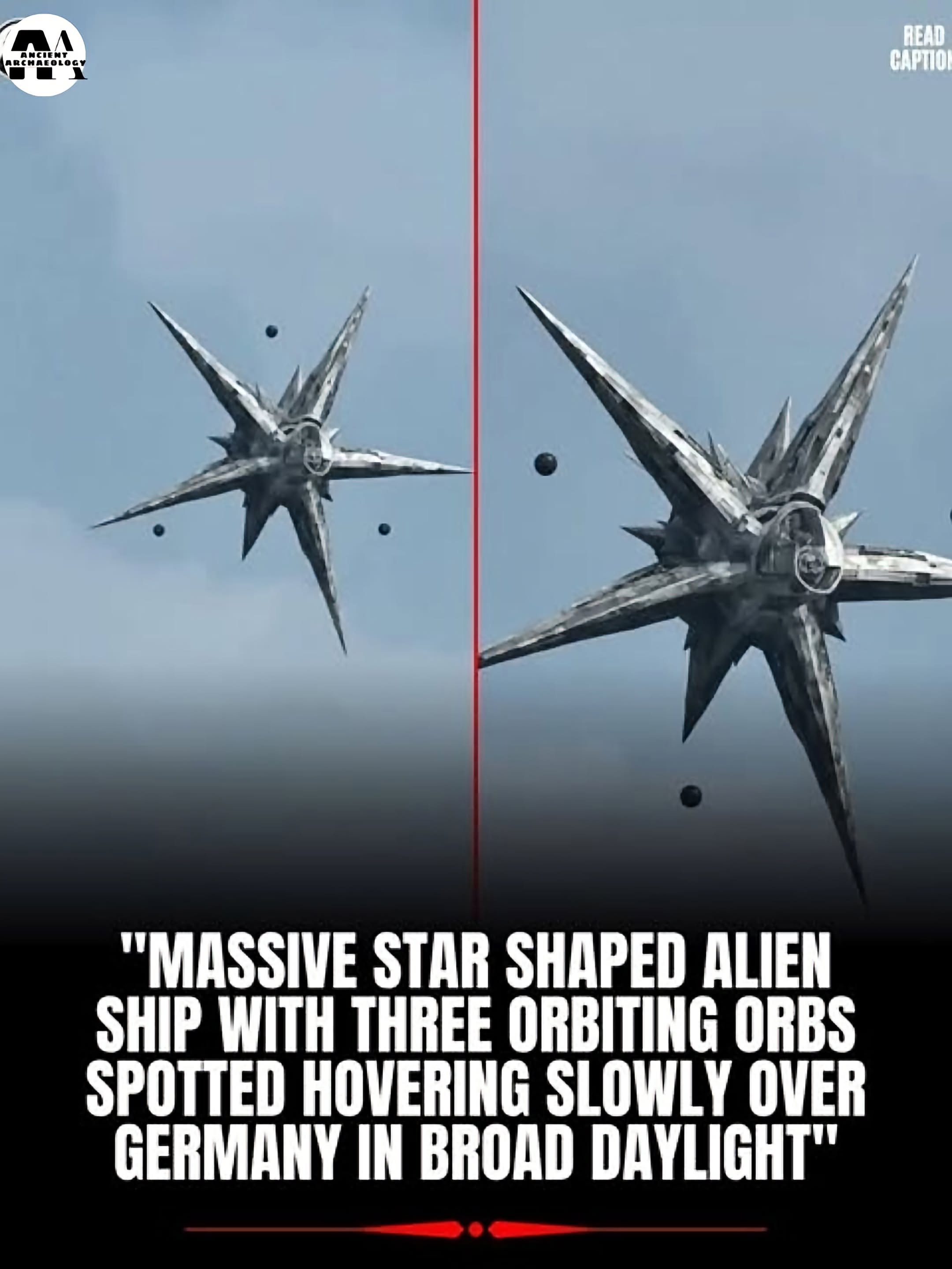 Có thể là hình ảnh về văn bản cho biết 'मदतम REMREOIOCY MEWSISLOGY MЛ READ CAPTI "MᴀssIVE STAR SHAPED ALIEN SHIP WITH THREE ORBITING ORBS SPOTTED HOVERING SLOWLY OVER GERMANY IN BROAD DAYLIGHT"'