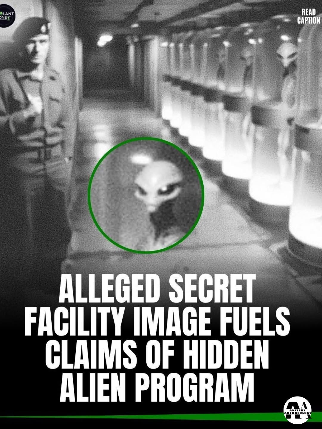 May be an image of text that says "L LANT NET READ CAPTI CAPTION ALLEGED SECRET FACILITY IMAGE FUELS CLAIMS OF HIDDEN ALIEN PROGRAM MECHAFOIOSS ANCTENY"