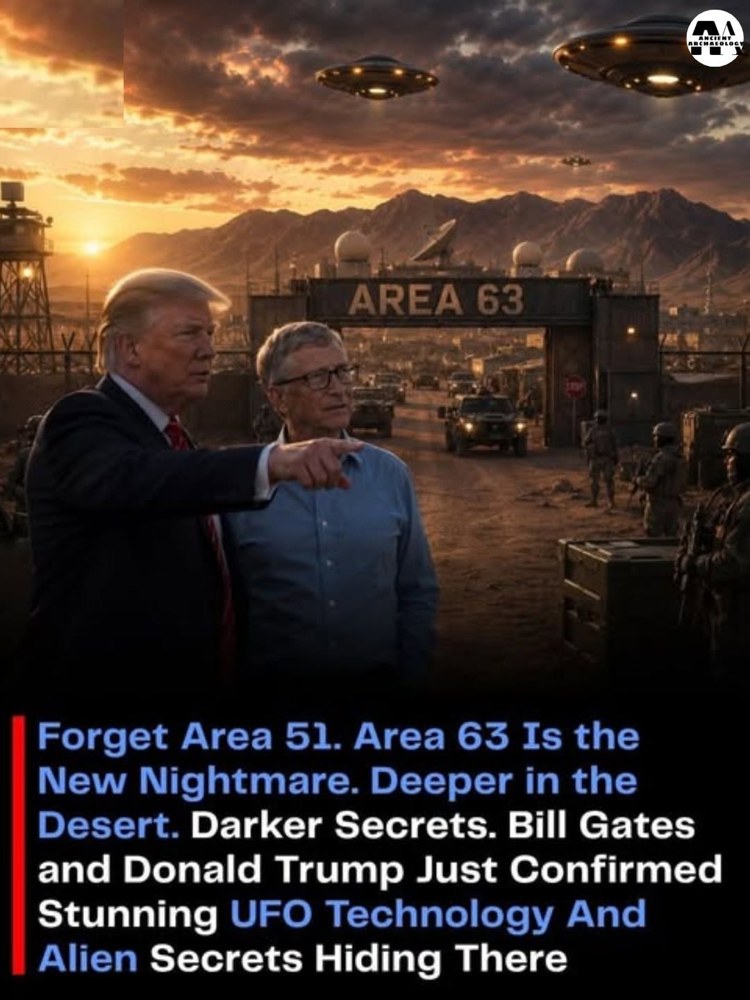 May be an image of text that says "A PRINCTOLeSS ANCIENT 63 Forget Area 51. Area Is the New Nightmare. Deeper in the Desert. Darker Secrets. Bill Gates and Donald Trump Just Confirmed Stunning UFO Technology And Alien Secrets Hiding There"
