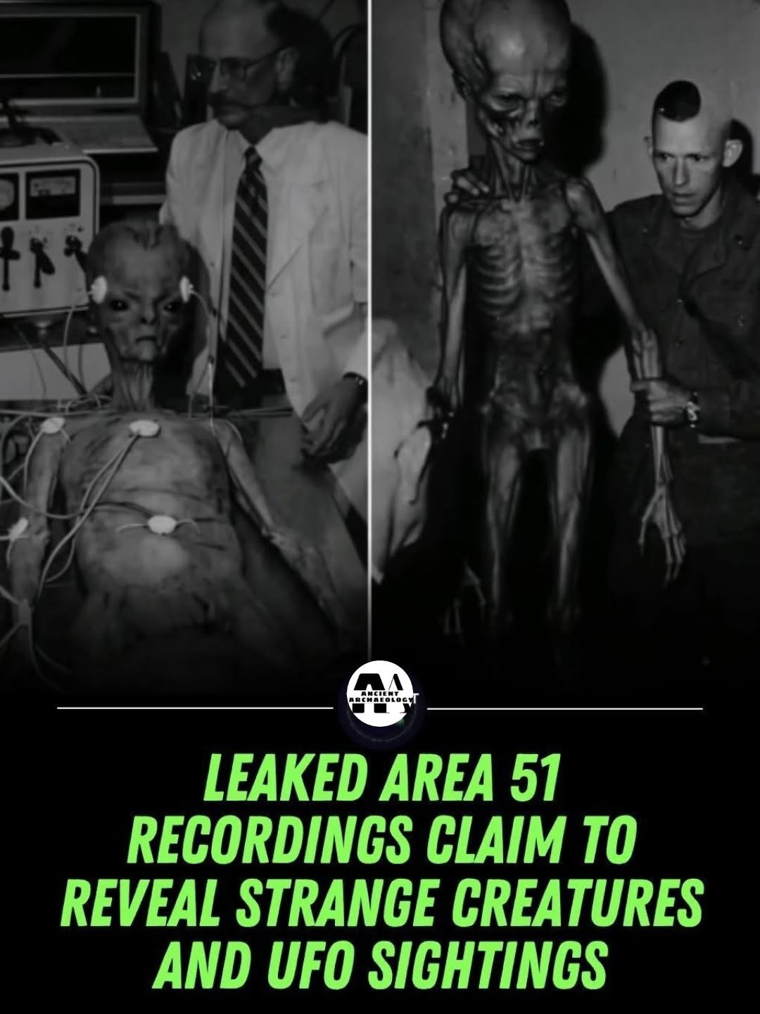 Có thể là hình ảnh về văn bản cho biết 'ARCWATOLOGNT LEAKED AREA 51 RECORDINGS CLAIM TO REVEAL STRANGE CREATURES AND UFO SIGHTINGS'