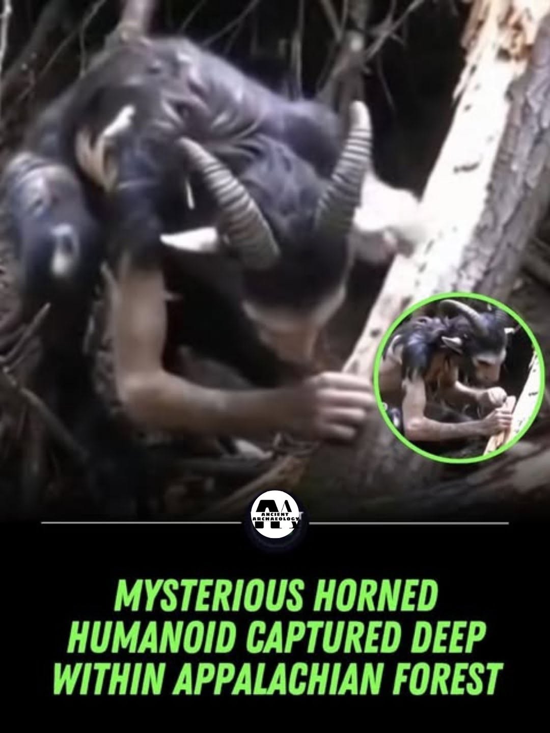 Có thể là hình ảnh về văn bản cho biết '"្រា AEOLO MYSTERIOUS HORNED HUMANOID CAPTURED DEEP WITHIN APPALACHIAN FOREST'