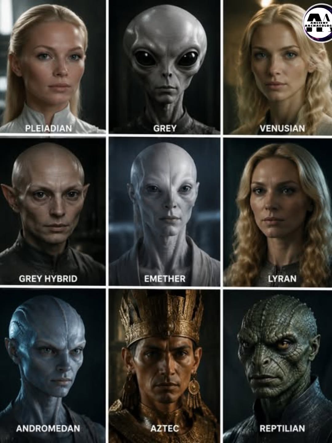 Có thể là hình ảnh về văn bản cho biết 'лиcИи PLEIADIAN GREY GREY Y VENUSIAN GREY GREYHYBRID HYBRID EMETHER LYRAN ANDROMEDAN AZTEC REPTILIAN'