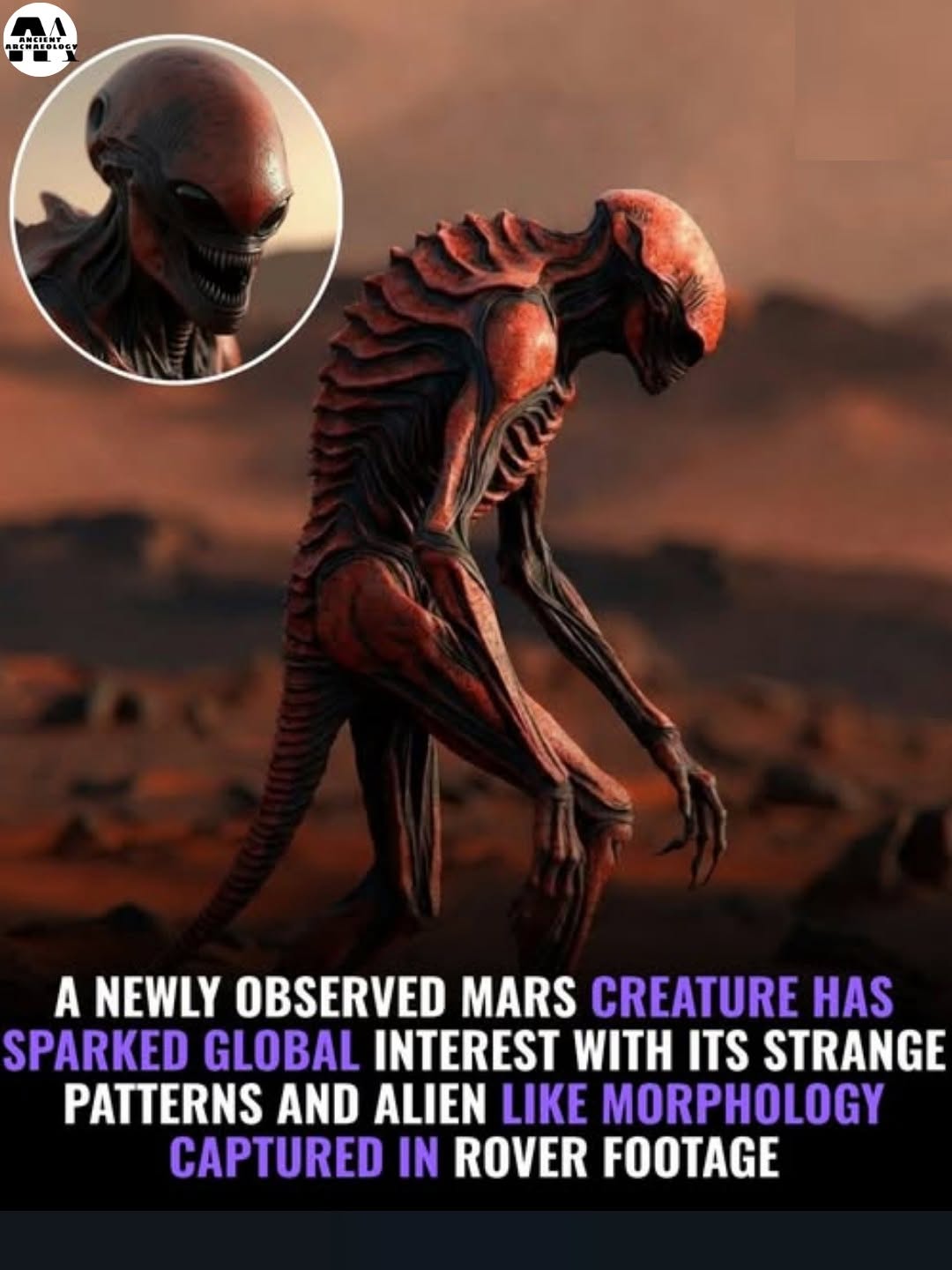 Có thể là hình ảnh về văn bản cho biết '伊国限 IEILeS AHCTNE A NEWLY OBSERVED MARS CREATURE HAS SPARKED GLOBAL INTEREST WITH ITS STRANGE PATTERNS AND ALIEN LIKE MORPHOLOGY CAPTURED IN ROVER FOOTAGE'