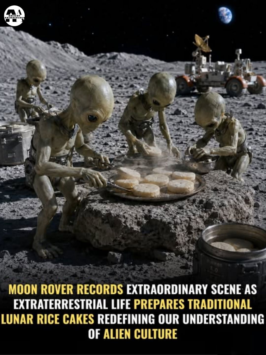 Có thể là hình ảnh về văn bản cho biết 'CиC f:s--a MOON ROVER RECORDS EXTRAORDINARY SCENE AS AS EXTRATERRESTRIAL LIFE PREPARES TRADITIONAL LUNAR RICE CAKES REDEFINING OUR UNDERSTANDING OF ALIEN CULTURE'