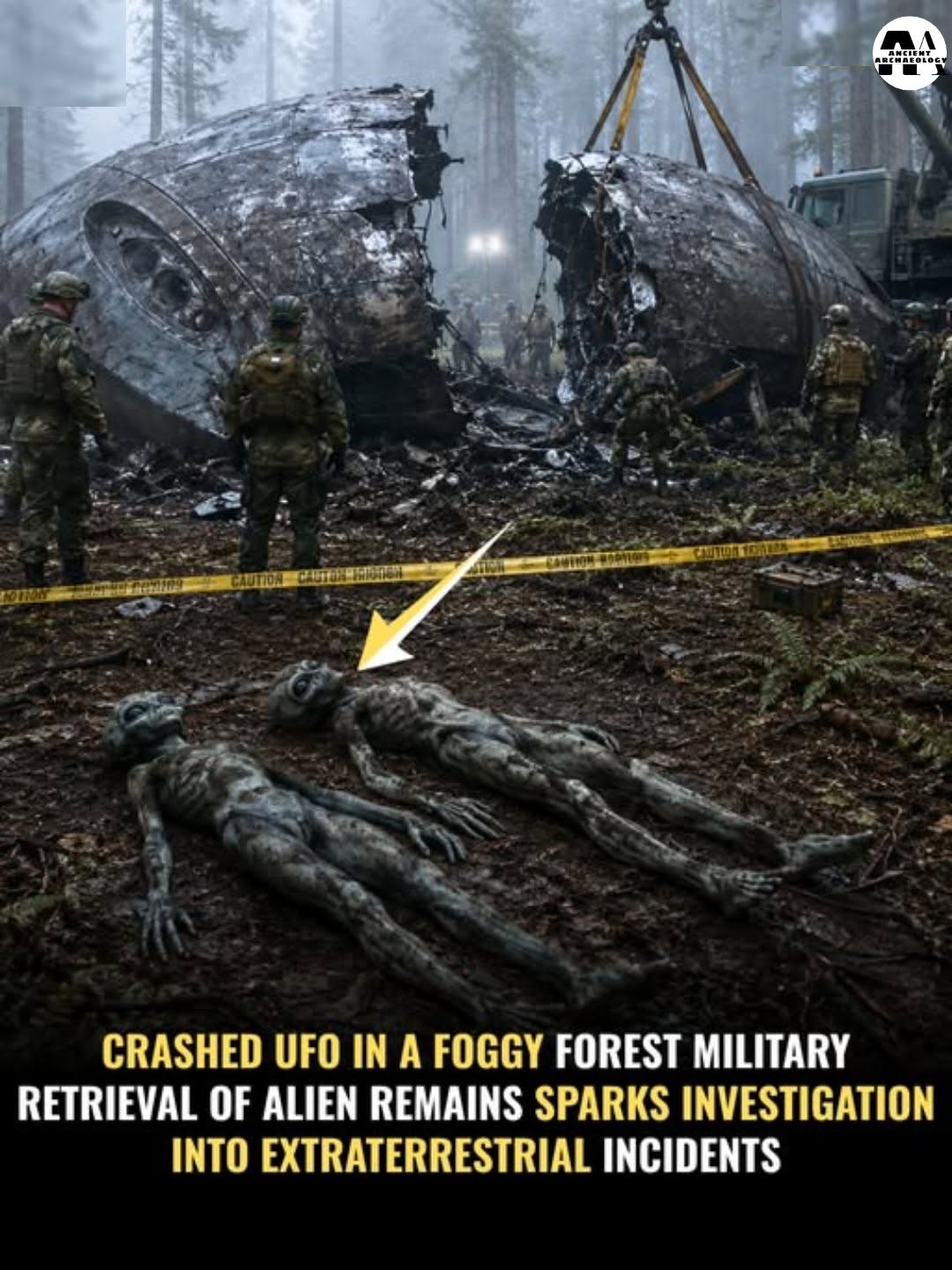 Có thể là hình ảnh về văn bản cho biết 'oftfloios C CRASHED UFO IN A FOGGY FOREST MILITARY RETRIEVAL OF ALIEN REMAINS SPARKS INVESTIGATION INTO EXTRATERRESTRIAL INCIDENTS'