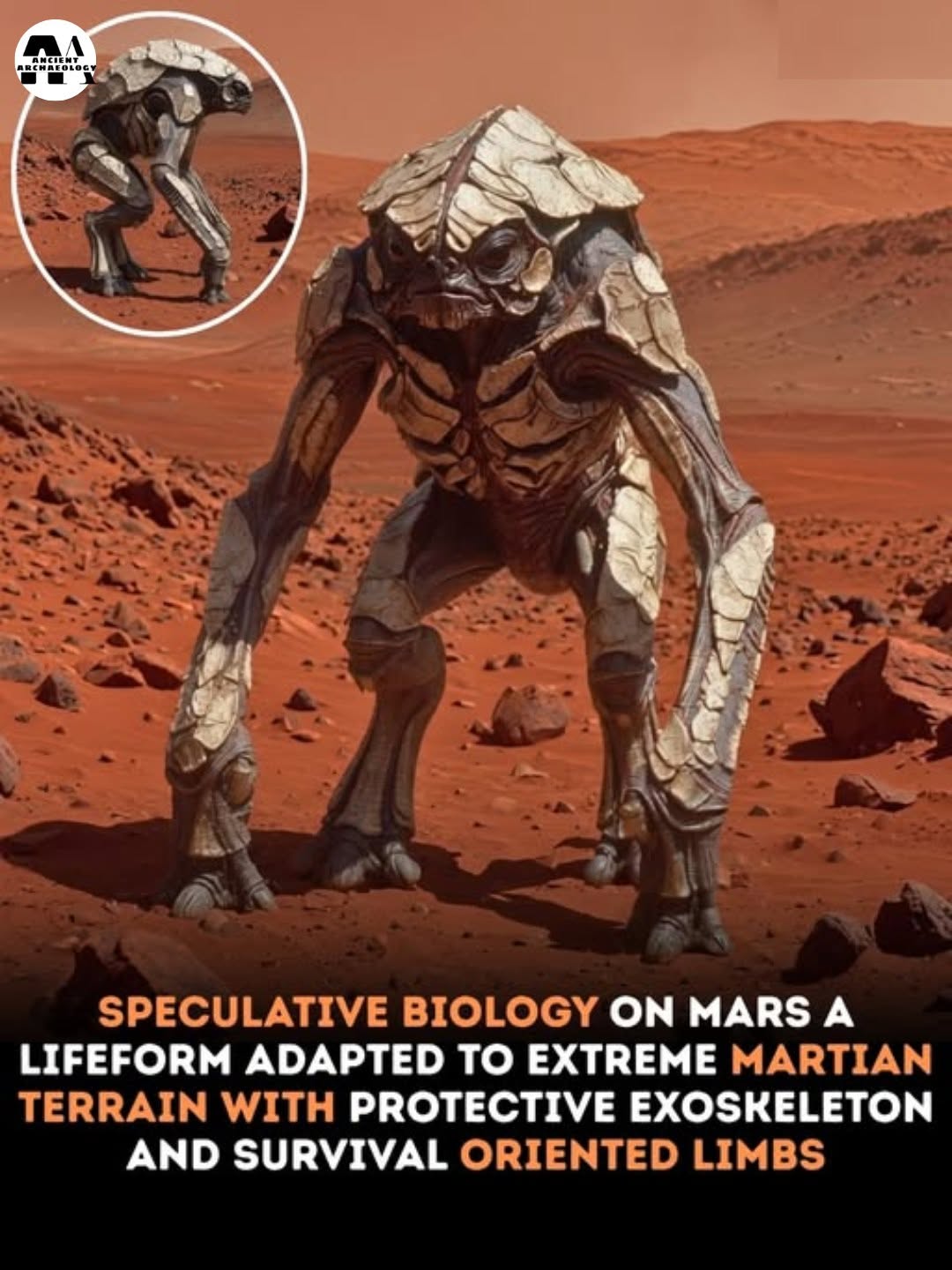 Có thể là hình ảnh về văn bản cho biết 'AHCIES HAE LOE CИATObC 年 SPECULATIVE BIOLOGY ON MARS A LIFEFORM ADAPTED to EXTREME MARTIAN TERRAIN WITH PROTECTIVE EXOSKELETON AND SURVIVAL ORIENTED LIMBS'