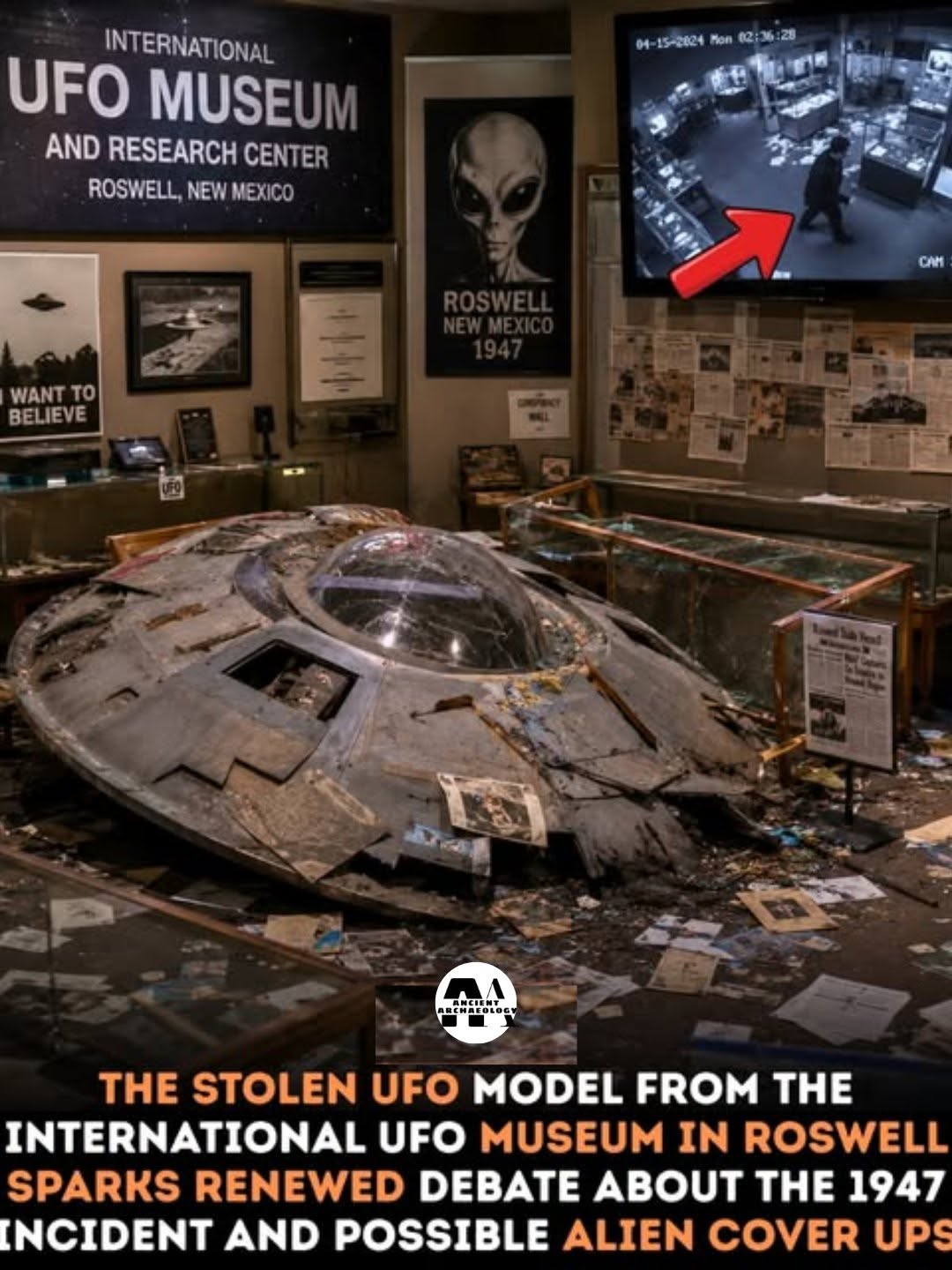 Có thể là hình ảnh về văn bản cho biết '04 15-2824 INTERNATIONAL UFO MUSEUM AND RESEARCH CENTER ROSWELL, NEW MEXICO WANT WANTTO TO BELIEVE CAM SSCHETOLAG THE STOLEN UFO MODEL MODEL FROM THE INTERNATIONAL UFO MUSEUM IN ROSWELL SPARKS RENEWED DEBATE ABOUT THE 1947 NCIDENT AND POSSIBLE ALIEN COVER UPS'