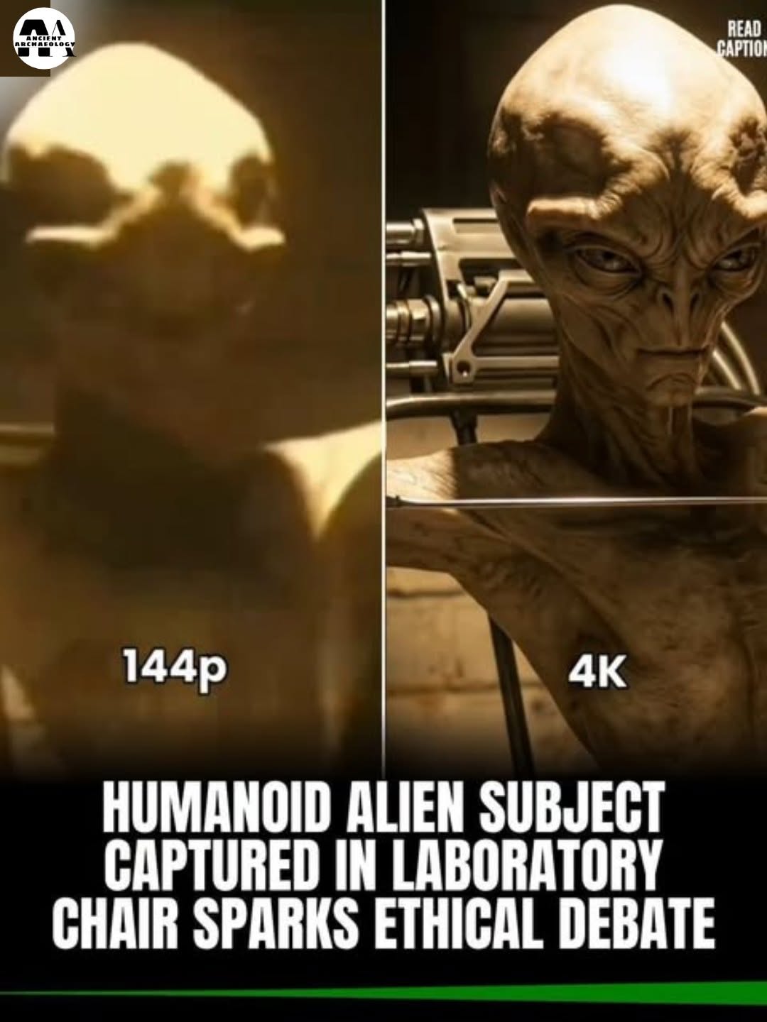 Có thể là hình ảnh về văn bản cho biết 'AA CcT ANCTENY READ CAPTIO! 144p 4K HUMANOID ALIEN SUBJECT CAPTURED IN LABORATORY CHAIR SPARKS ETHICAL DEBATE'