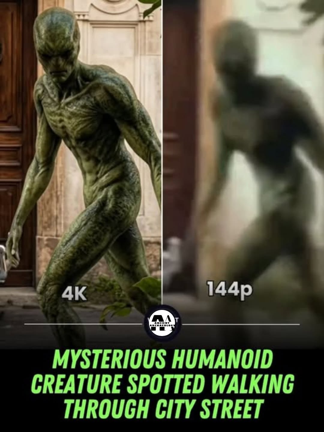 Có thể là hình ảnh về văn bản cho biết '4K 144p .ΑιτΚ BCMACOLOGY MYSTERIOUS HUMANOID CREATURE SPOTTED WALKING THROUGH CITY STREET'