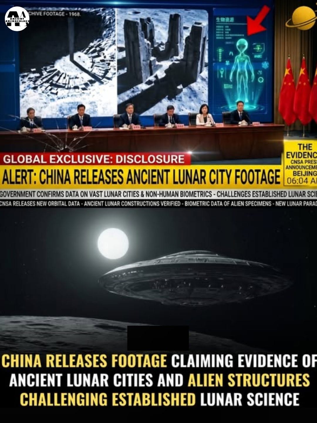 Có thể là hình ảnh về văn bản cho biết 'IVEFOOTAGE HIVEFOOTAGE-1 OOTAGE 1968 ၉ នូ 生物表品 THE GLOBAL EXCLUSIVE: DISCLOSURE EVIDENC CNSA PRES ALERT: CHINA RELEASES ANCIENT LUNAR CITY FOOTAGE ANNOUNCEM BEIJING 06:04 GOVERNMENT CONFIRMS DATA ON VAST LUNAR CITIES NON-HUMAN BIOMETRICS- CHALLENGES ESTABLISHED LUNAR SCI NSA RELEASES NEW ORBITAL DATA ANCIENT LUNAR CONSTRUCTIONS VERIFIED BIOMETRICDATA OF ALIEN SPEO PECIMENS NEW LUNAR PARA CHINA RELEASES FOOTAGE CLAIMING EVIDENCE OF ANCIENT LUNAR CITIES AND ALIEN STRUCTURES CHALLENGING ESTABLISHED LUNAR SCIENCE'