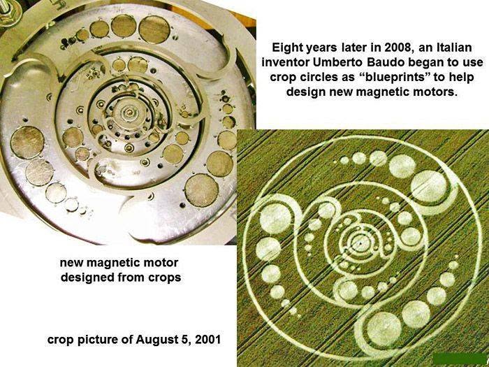 May be an image of text that says "สสี Eight years later in 2008, an Italian inventor Umberto Baudo began to use crop circles as "blueprints" to help design new magnetic motors. new magnetic motor designed from crops crop picture of August5, 5, 2001"