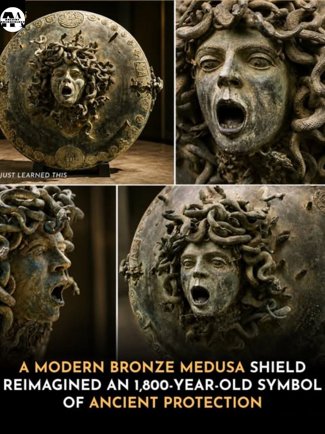 Có thể là hình ảnh về văn bản cho biết 'ΕΔ LOE UST LEARNED USTLEARNEDTHIS THIS A MODERN BRONZE MEDUSA SHIELD REIMAGINED AN 1,800 1,800-YEAR-OLD OLD SYMBOL OF PROTECTION'