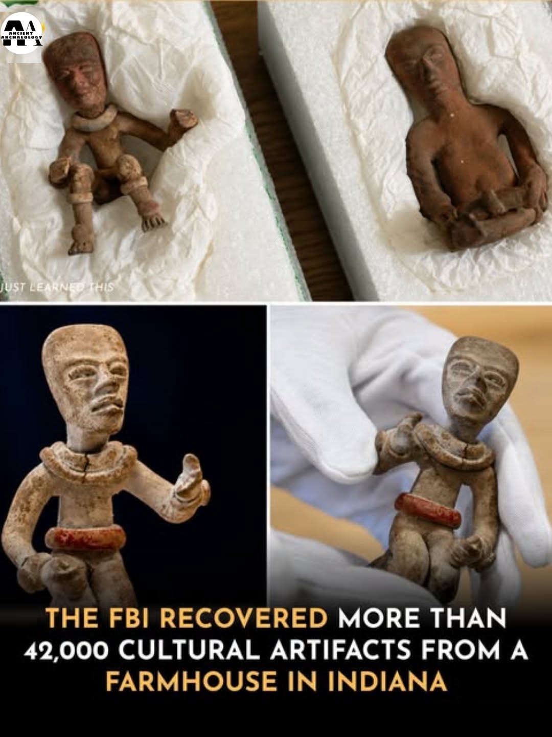 Có thể là hình ảnh về văn bản cho biết 'oKaлaHHeT LO UST USTLEARNEDTHIS NEDTHIS HIS THE FBI RECOVERED MORE AN 42,000 CULTURAL ARTIFACTS FROM A FARMHOUSE IN INDIANA'