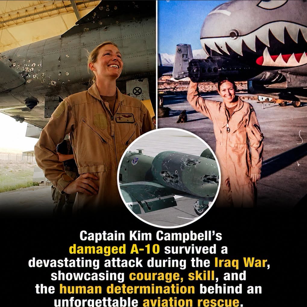 Có thể là hình ảnh về máy bay trực thăng và văn bản cho biết '33e1? TO Captain Kim Campbell's damaged A-10 A- survived a devastating attack during the Iraq War, showcasing courage, skill, and the human determination behind an unforgettable aviation rescue.'